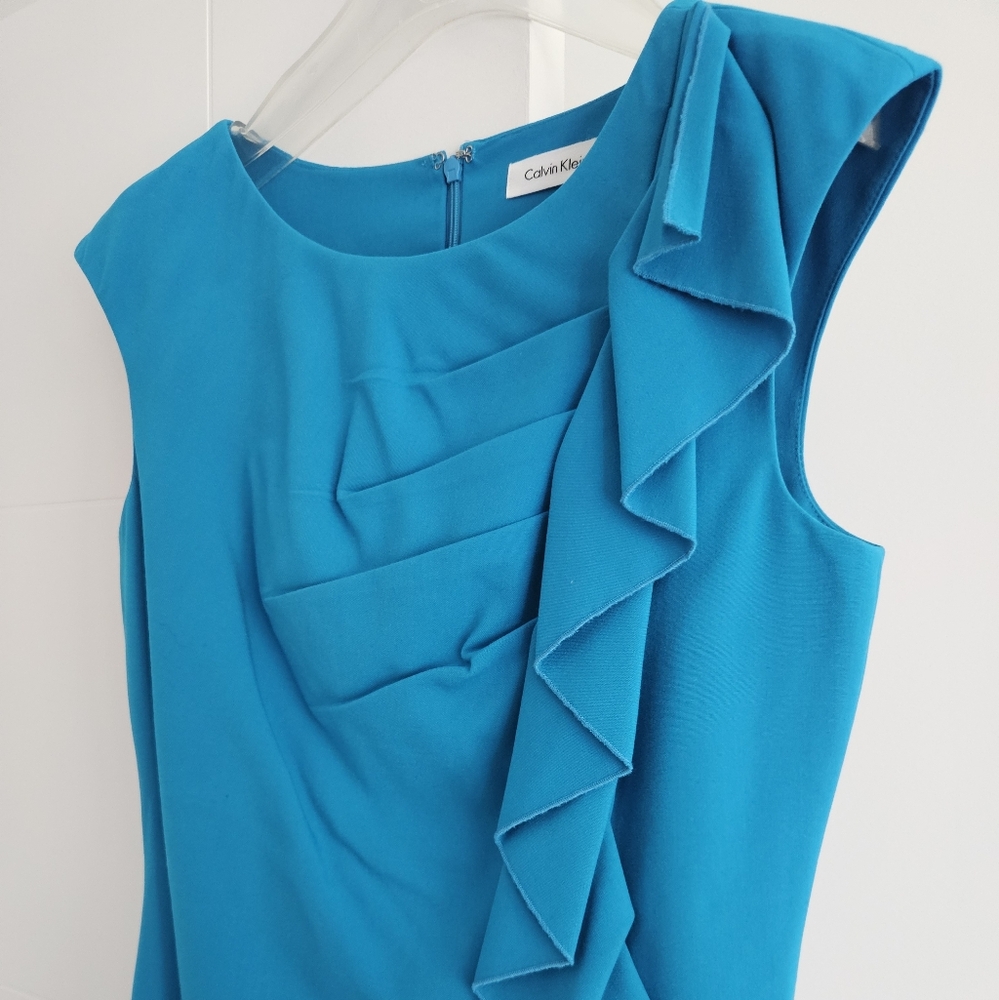 ✨️💲⬇️ Calvin Klein 4 Sheath Elegant Work Dress S Small Ruffle Front - Picture 5 of 9